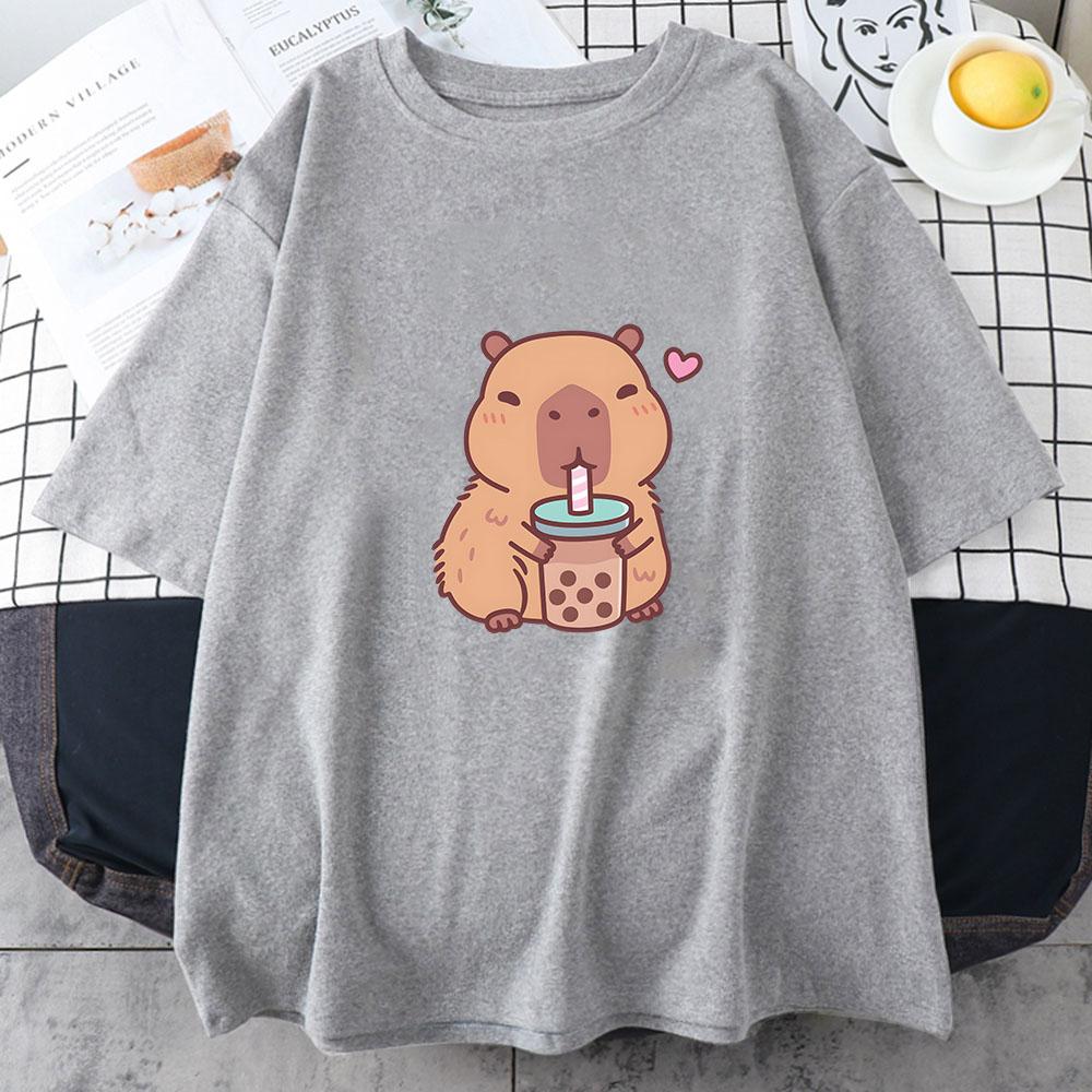 Футболка Capybara Loves Drinking Bubble Tea, 100% хлопок, летняя одежда, повседневная женская/мужская футболка Kawaii, милые рубашки для девочек, мода