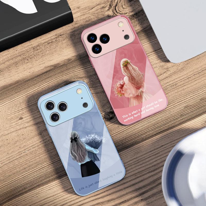 Девушка с цветами Для iPhone 17 Air 16 E 15 14 13 Plus 12 mini 11 17 Pro Max XR Xs Max 16E 7 8 Закаленное Стекло Чехол для Телефона