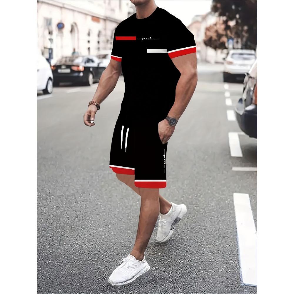 Kebisi Men's Casual 3D Digital Print 2pcs Set Casual Short Sleeve Round Neck T-shirt Sports Shorts Summer Outdoor Casual Men's Suit