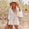White Lace Tunic Sexy Deep V Neck Button Bikini Cover-ups Women Clothes 2022 Summer Sexy Ruffles Long Sleeves Mini Dress A1132