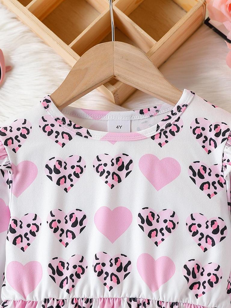 Girls 2 Piece Outfit 4-7Y Pink Leopard Heart Print Top and Black Leggings Sweet Cool Style Kids Clothing Set fit Kids Daily Wear