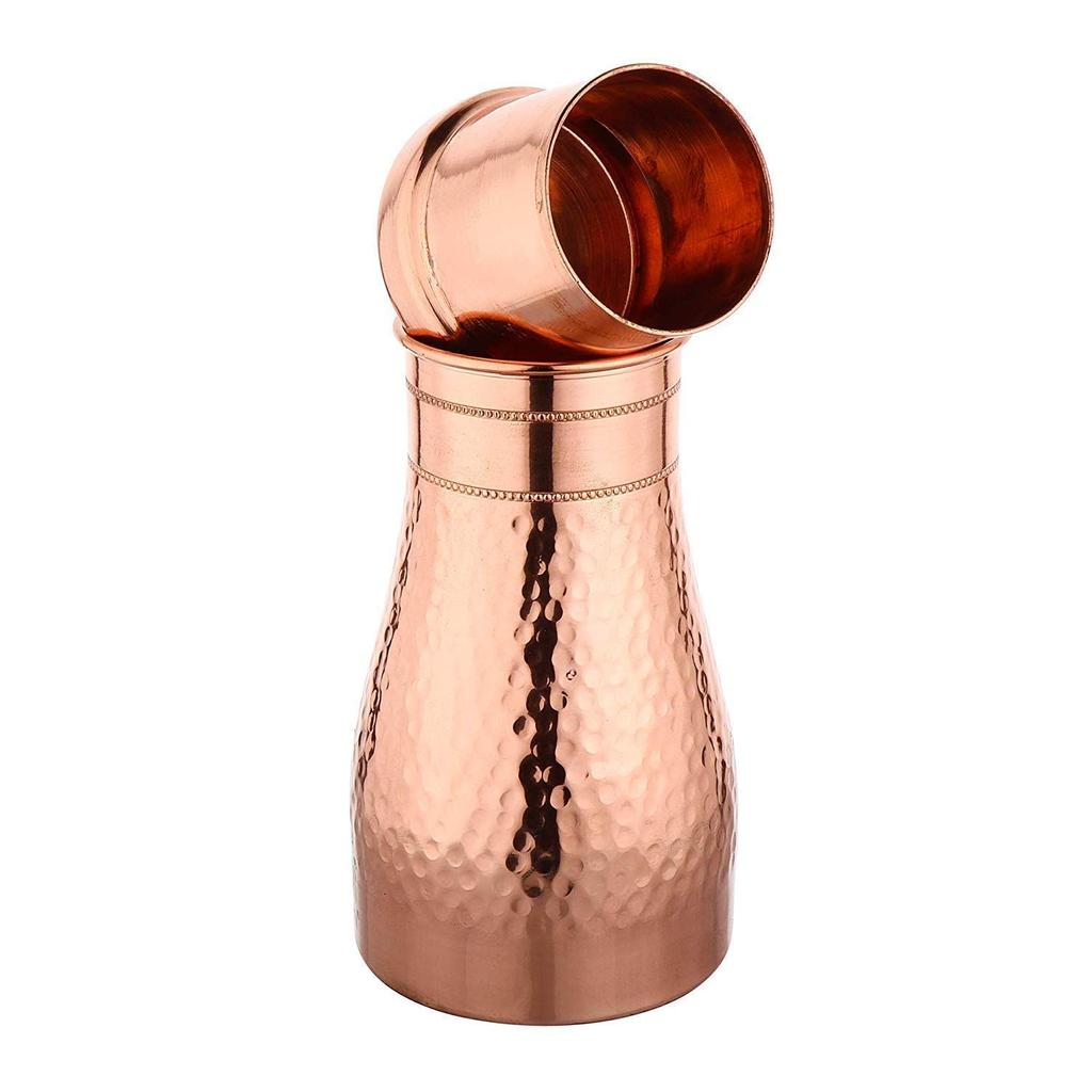 Copper Designer Copper Water Bottle | Pitchers | Water Jug | Bedroom Jar | Bedside Bottle Carafes with Tumbler/Glass with Lid 1250 ML (Hammered)