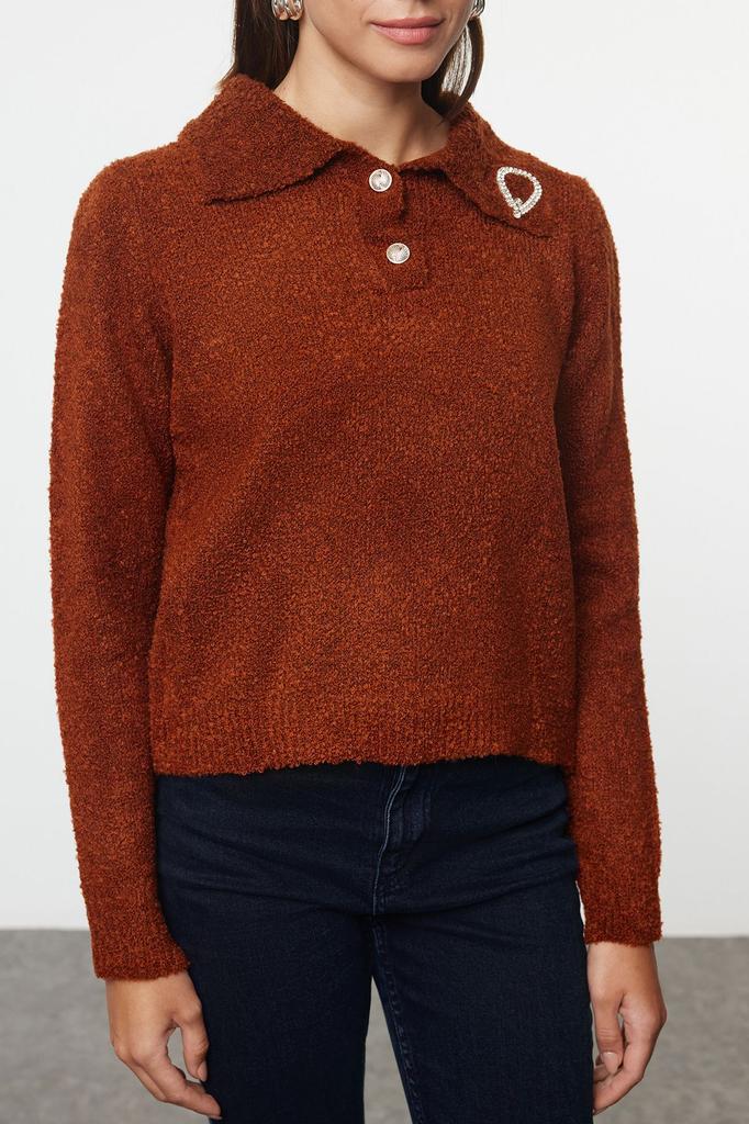 Women's Elegance Style Sweater Stone Soft Textured Bronze Detailed Knitwear Sweater