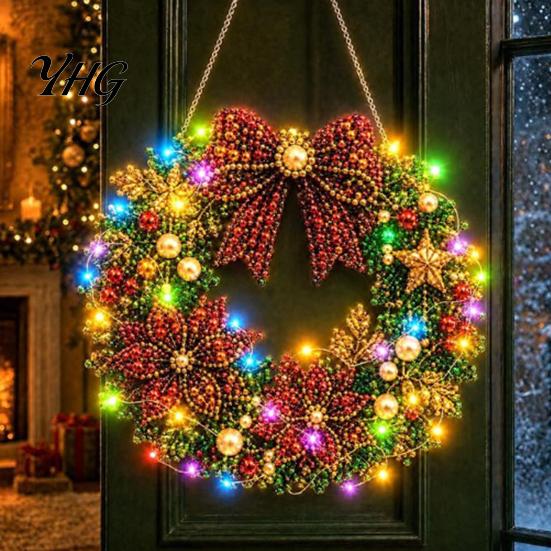 Sparkling Gemstone Art Project DIY Acrylic Christmas Faux Pearl Hanging Kit, Lighted Wreath 3D Beaded Craft Bead Mosaic Kit with LED String