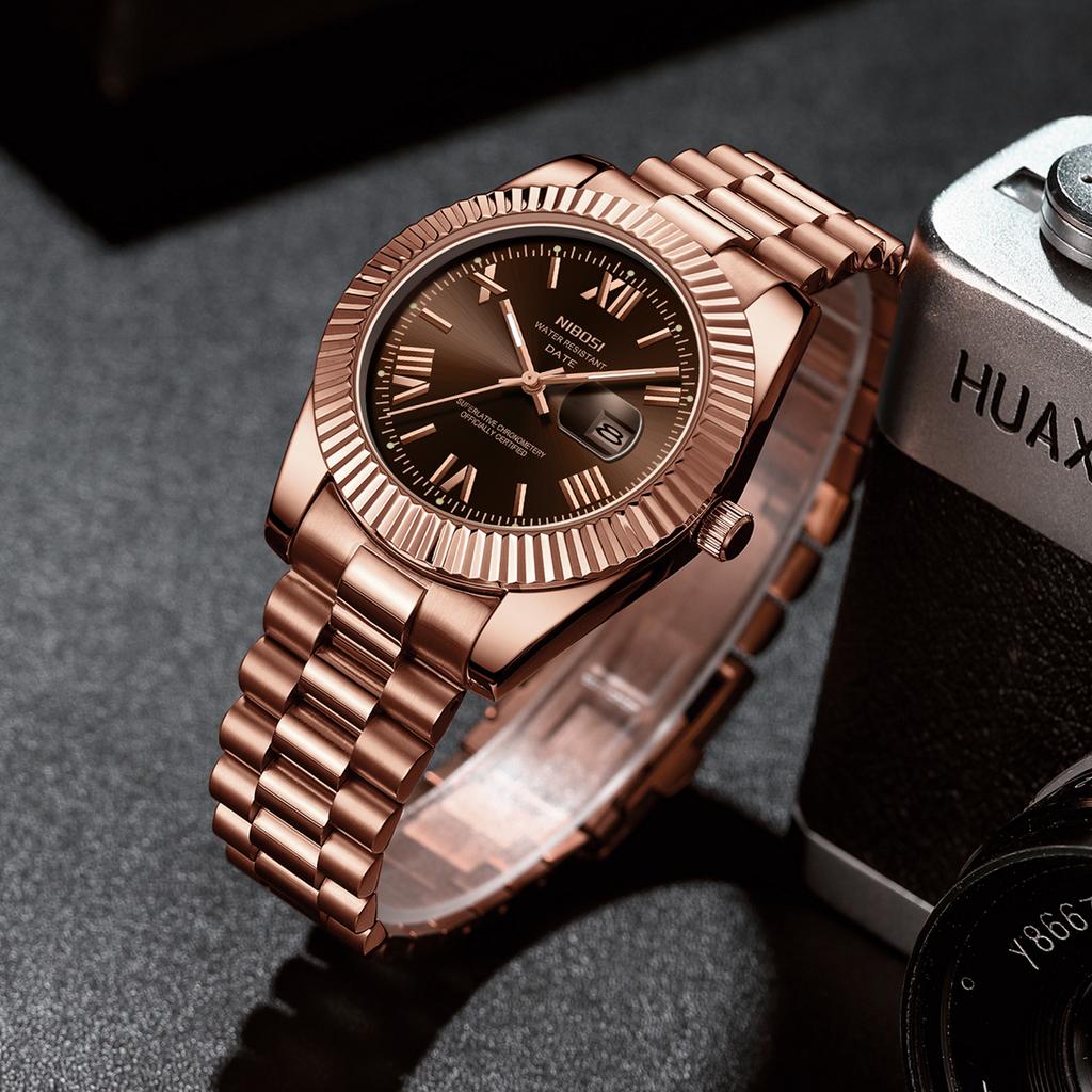 Luxury Golden Red Quartz Watch for Men Stainless Steel Waterproof Luminous Date Week Fashion Men Watches Reloj Hombre