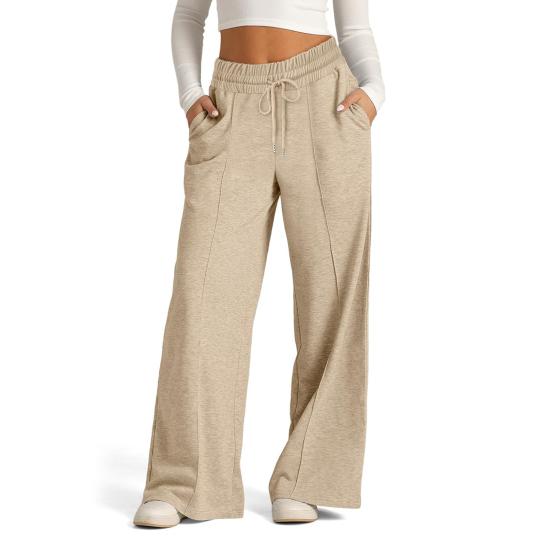 Women Sweatpants Elastic Mid-rise Adjustable Drawstring Straight Wide Leg Jogger Athletic Pants with