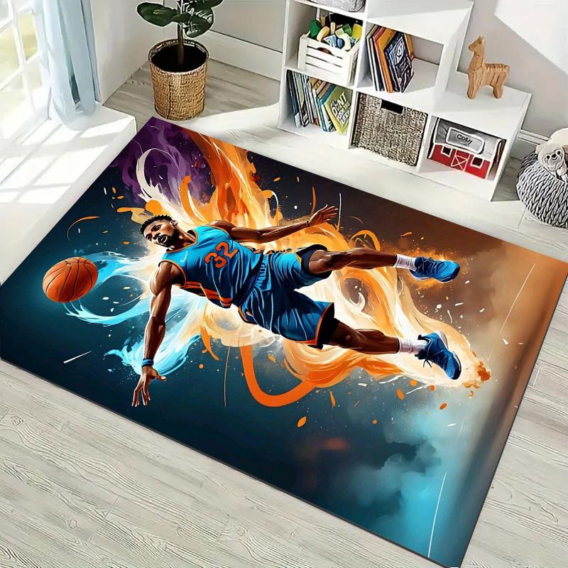 Basketball Player Dynamic Art Print Area Rug Sports Fan Non‑Slip Rectangular Floor Mat for Gaming Room Living Bedroom Home Decor