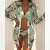 Women Floral Print Bikinis Set Sexy Three Piece Beach Cover Up Push Up Summer Long Sleeve Twist Swimwear Bathing Suit