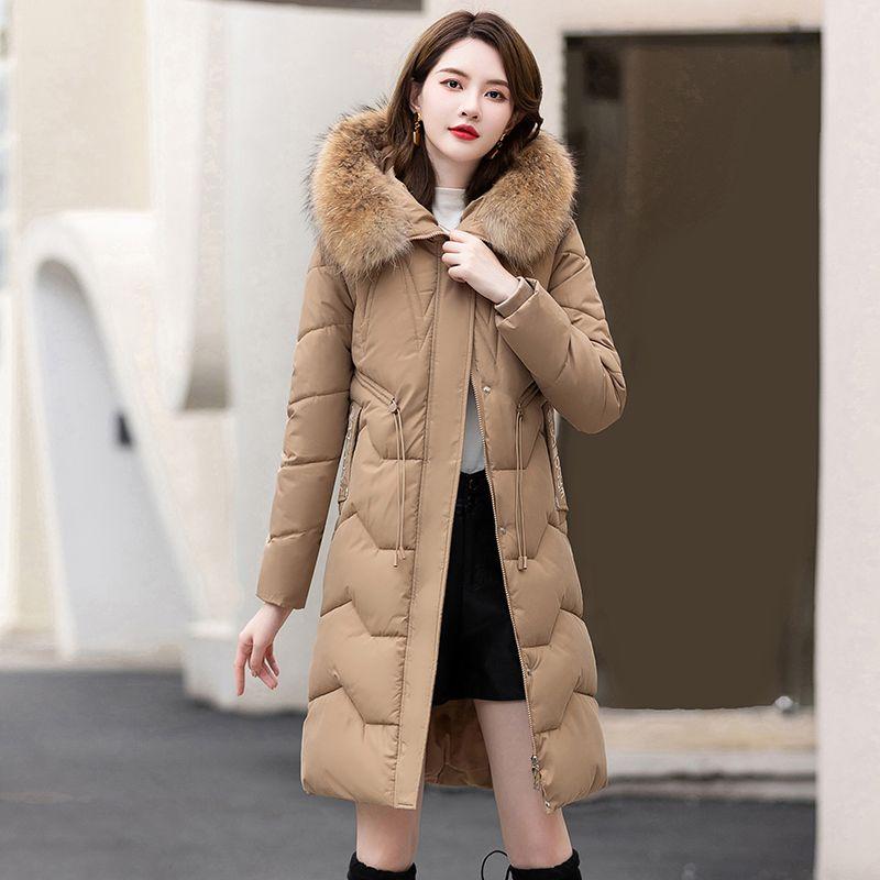 Пуховик женский средней длины и длинный новый приталенный с меховым воротником теплый пуховый утолщенный зимний