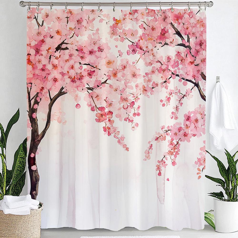 1pc Pink Plum Blossom Flower Print Waterproof Shower Partition Privacy Hanging Curtain with Hooks Multiple Size Machine Washable