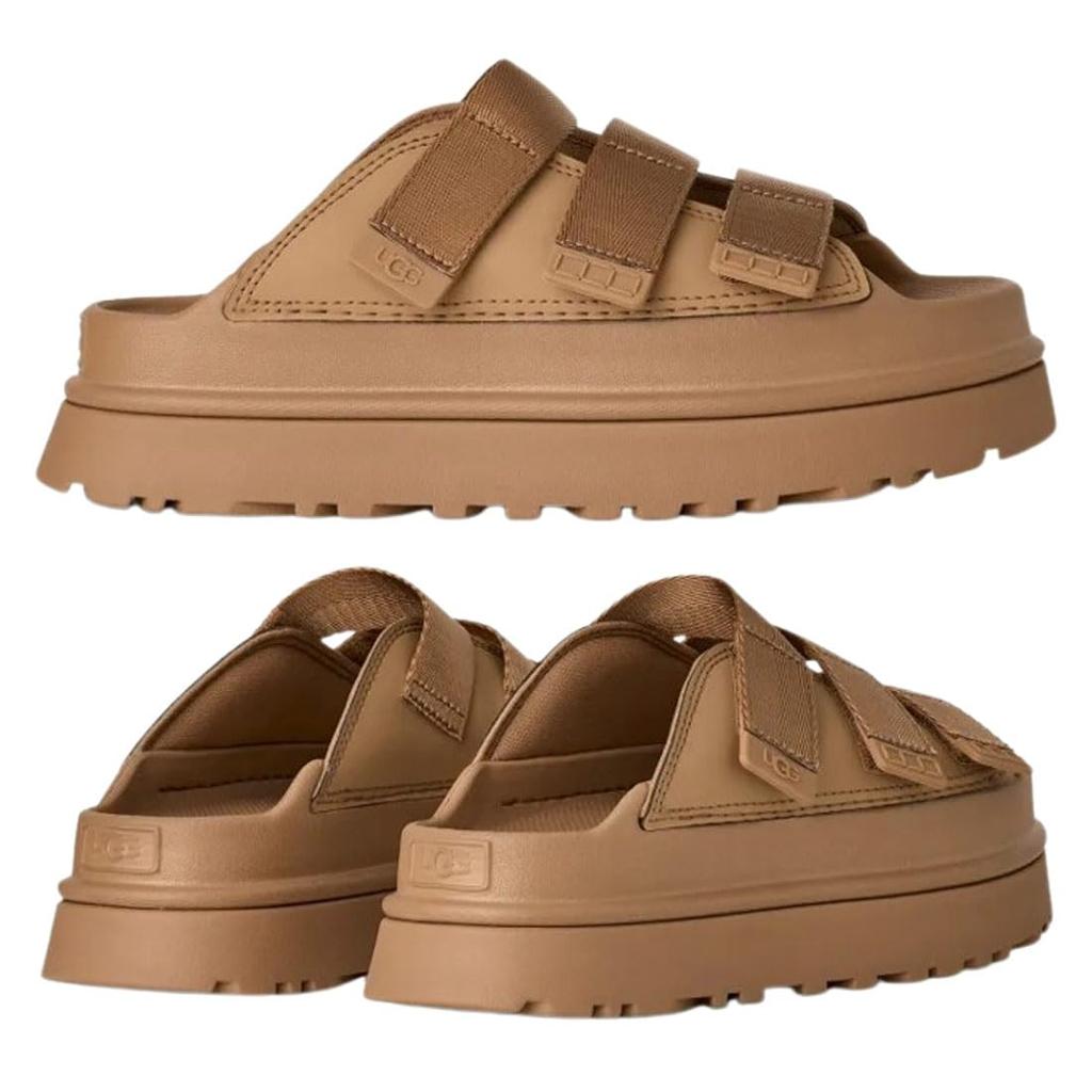 UGG Golden Glow Slide Dark Size US6 Thick Resort Sandals, Women's, 1167430, Sand, (23.0cm), Sole, Lightweight, Comfortable, Adjustable, Three-Strap,