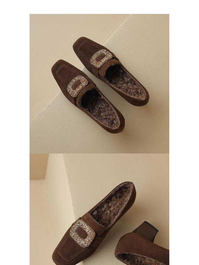 Women's Brown & Black Plush Lined Loafers: Velvet, Square Toe, Chunky Mid-Heel, Deep Mouth Design, Autumn/Winter.