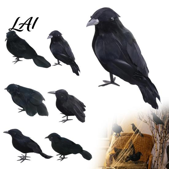 Artificial Black Birds Realistic Crow Halloween Decor Lifelike Feathered Raven Figurine Prop Models for Haunted House Bird Ornament Party