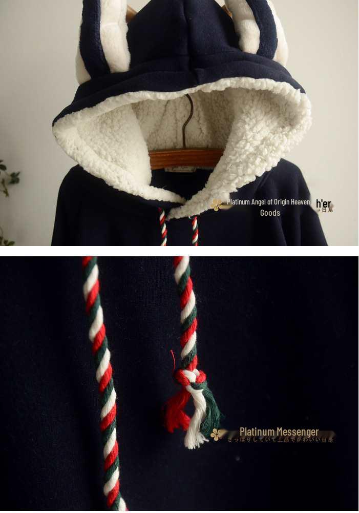 2019 Winter College Style Cute Patchwork Rabbit Ear Hooded Fleece-Lined Cape Coat