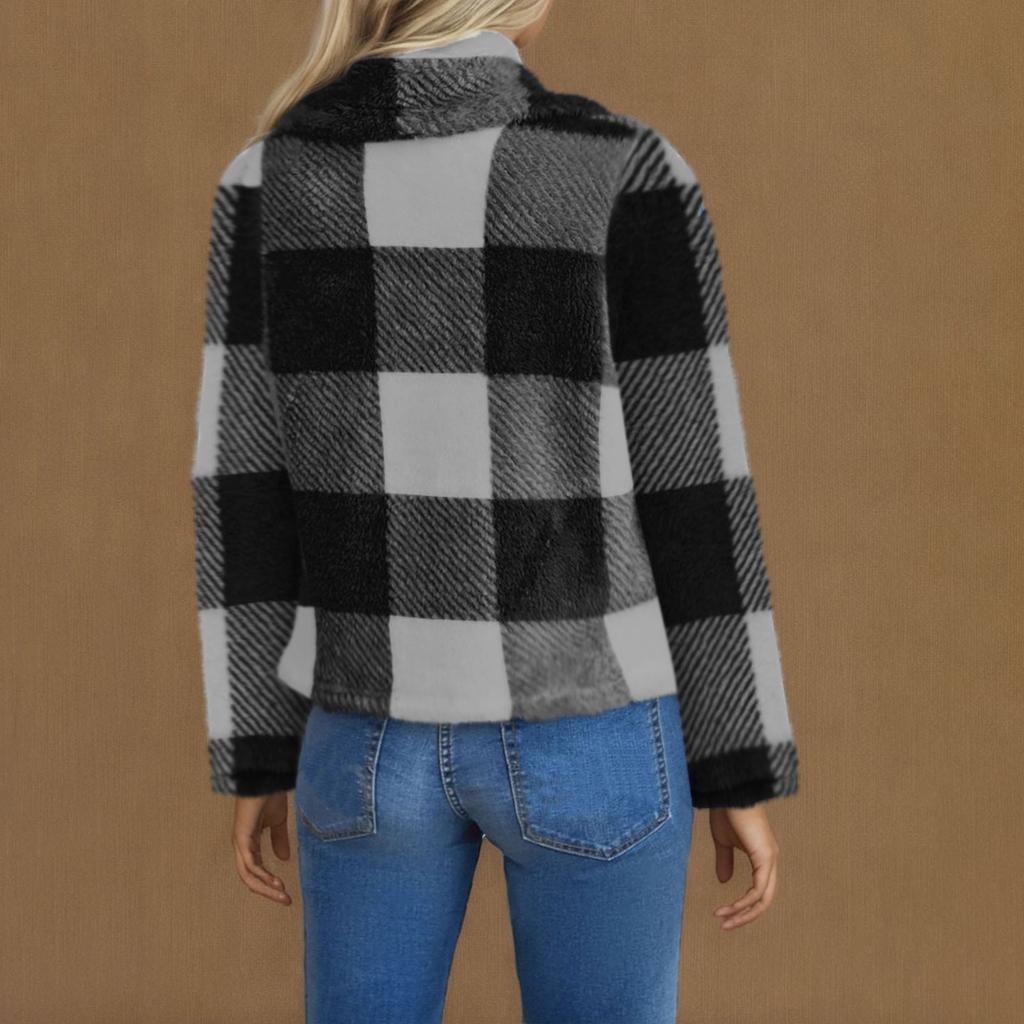 Женская модная куртка свободного кроя с длинными рукавами из плюшевой клетчатой ткани осень-зима
