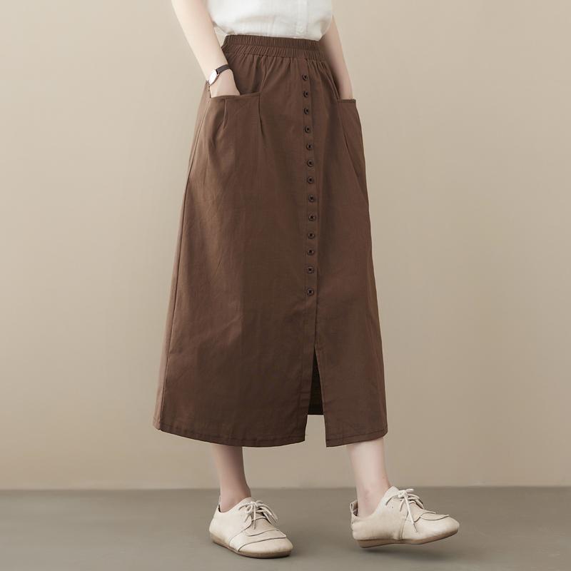 Plus Size Spring Summer Women Midi A-Line Skirt High Waist Black Khaki Coffee Buttons Skirt With Pockets Cotton Linen Simple Skirt