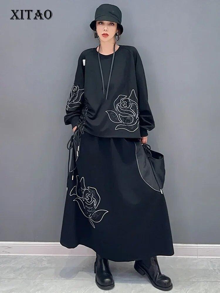 Xitao Свободные складки в стиле пэчворк, комплект из двух предметов, нерегулярная юбка, женский пуловер, топ HQQ1627