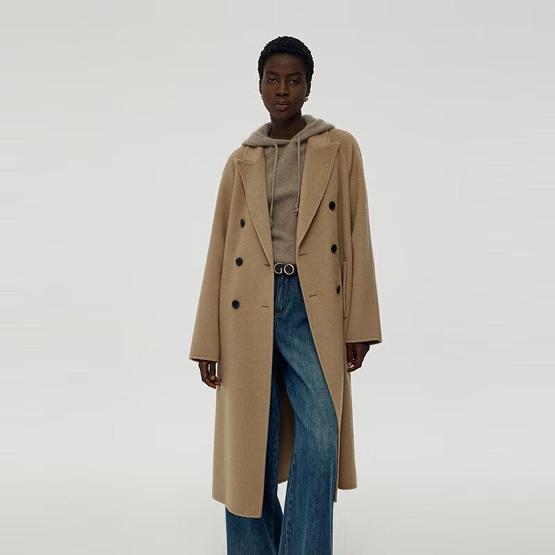 GOELIA Unisex Camel Wool Double-Faced Peak Lapel Coat