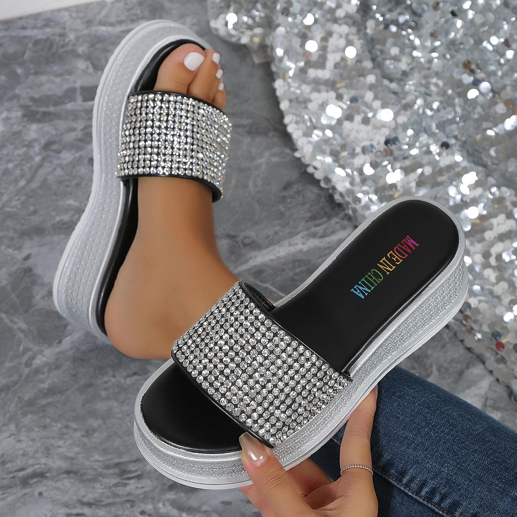 Модные летние тапочки 2024 года с круглым носком на танкетке и платформе Повседневная женская обувь Модные женские босоножки с открытым носком Шлепанцы со стразами на каблуке