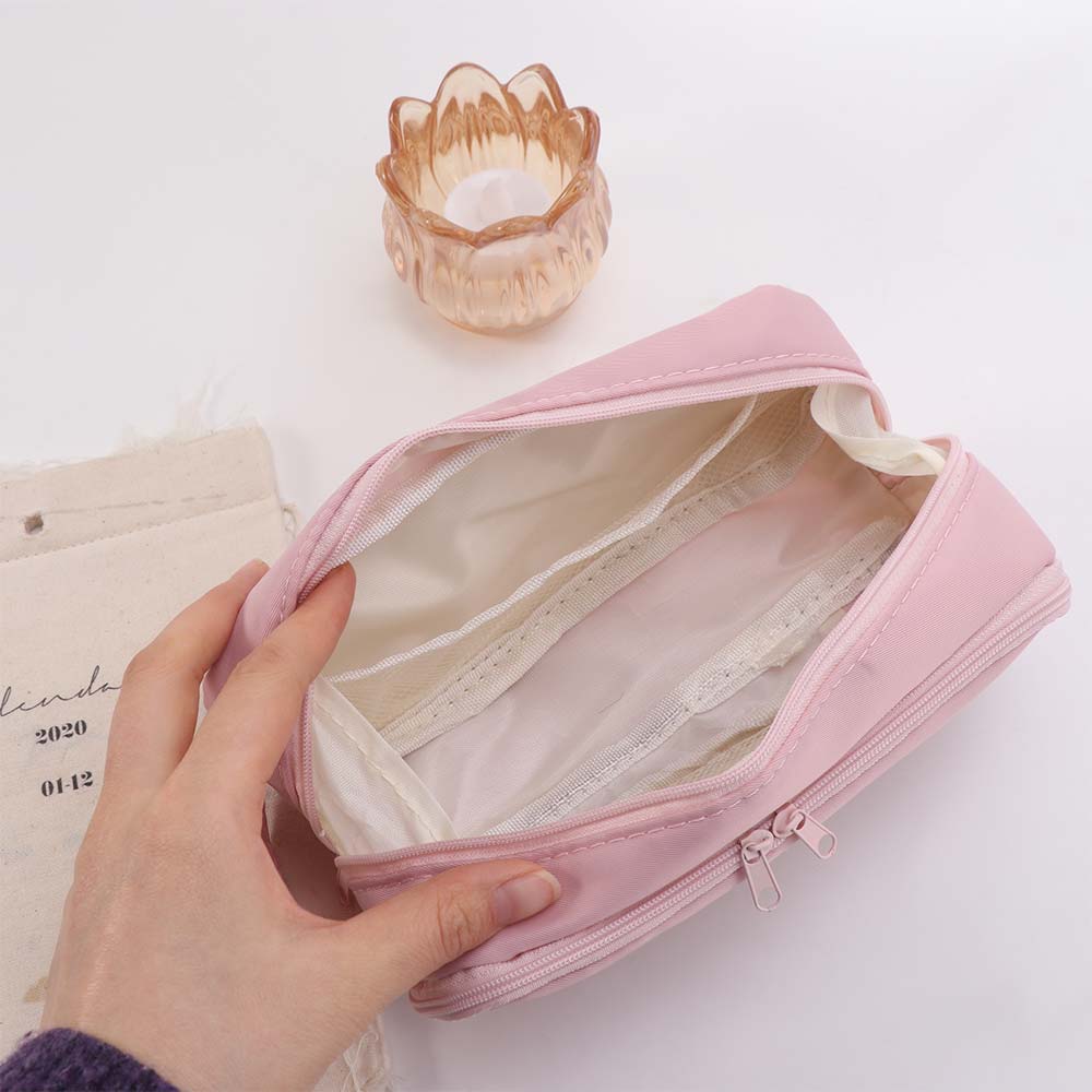 Pink Cloth Multilayer Pencil Case Desktop Storage Solid Color Pencil Pouch  Lady