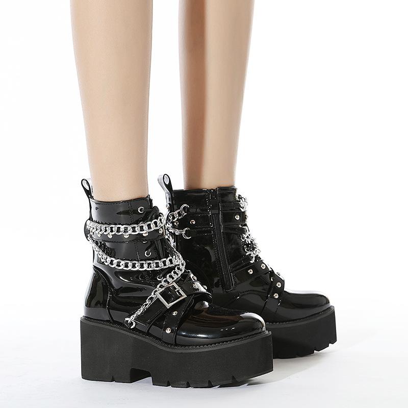 Chunky Heel Knight Boots Women's New Platform Punk Style Comfortable Chain Decoration Thick Sole Mid Length Women's Boots 2024