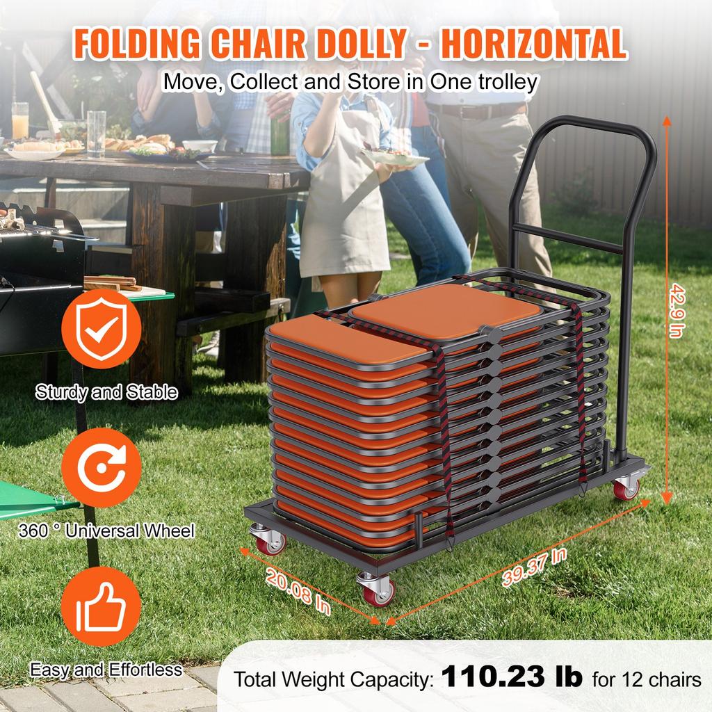 VEVOR Folding Chair Dolly, Iron Commercial Cart with 12 Chairs Capacity, Folding Chairs Rack Trolley with 4 Casters