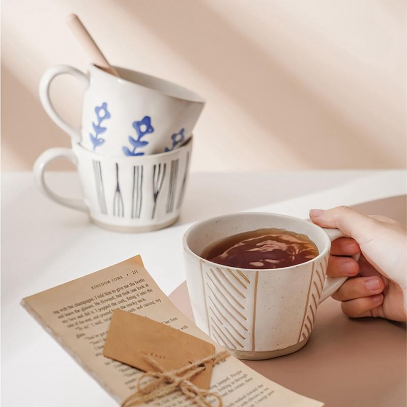Керамическая чашка Ретро грубая кофейная чашка Молочная чашка для чая Простая линейная чашка с узором Кружка для завтрака с овсянкой Посуда для напитков Кухонная чашка