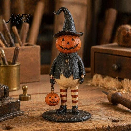 Unique Holiday Gift for Fall Pumpkin Witch Figurine, Spooky Halloween Statue with Lantern, Festive Party Table Centerpiece Vintage Gothic Resin