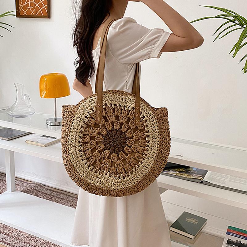 Yogodlns Летняя пляжная полая соломенная женская сумка на плечо, винтажная сумка с верхней ручкой, большая вместительная сумка из ротанга