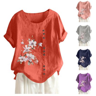 Женская хлопково-льняная летняя и ретро повседневная свободная хлопково-льняная футболка с коротким рукавом