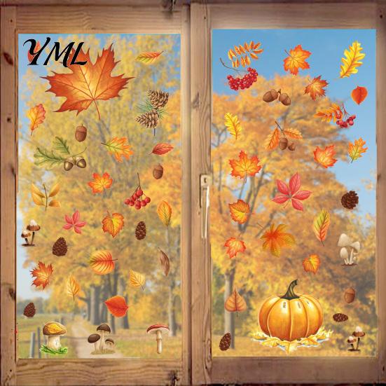 Nature Theme Window Art 5Pcs Autumn Maple Pumpkin Static Clings, Fall Harvest Stickers, Decorative PVC Glass Stickers Glue-Free Removable Decor