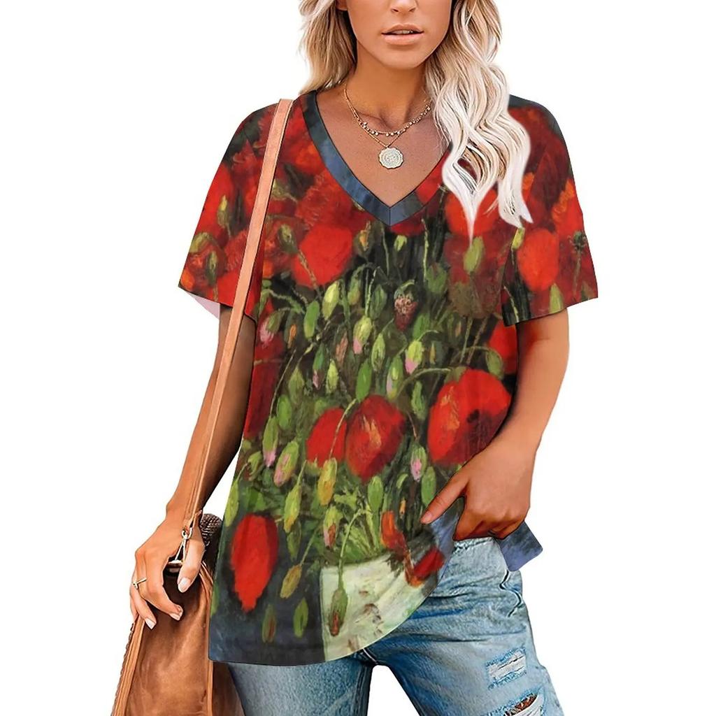 Van Gogh T-Shirts Oil Painting 3D Print Women Short Sleeve T Shirt V-Neck Streetwear Oversized Harajuku Female Tees Top Clothing