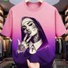 Summer Fashion Colorful Tattooed Nun Graphic Print Women's T-shirt Summer Casual Loose Short Sleeves Men's and Women's Tees Top
