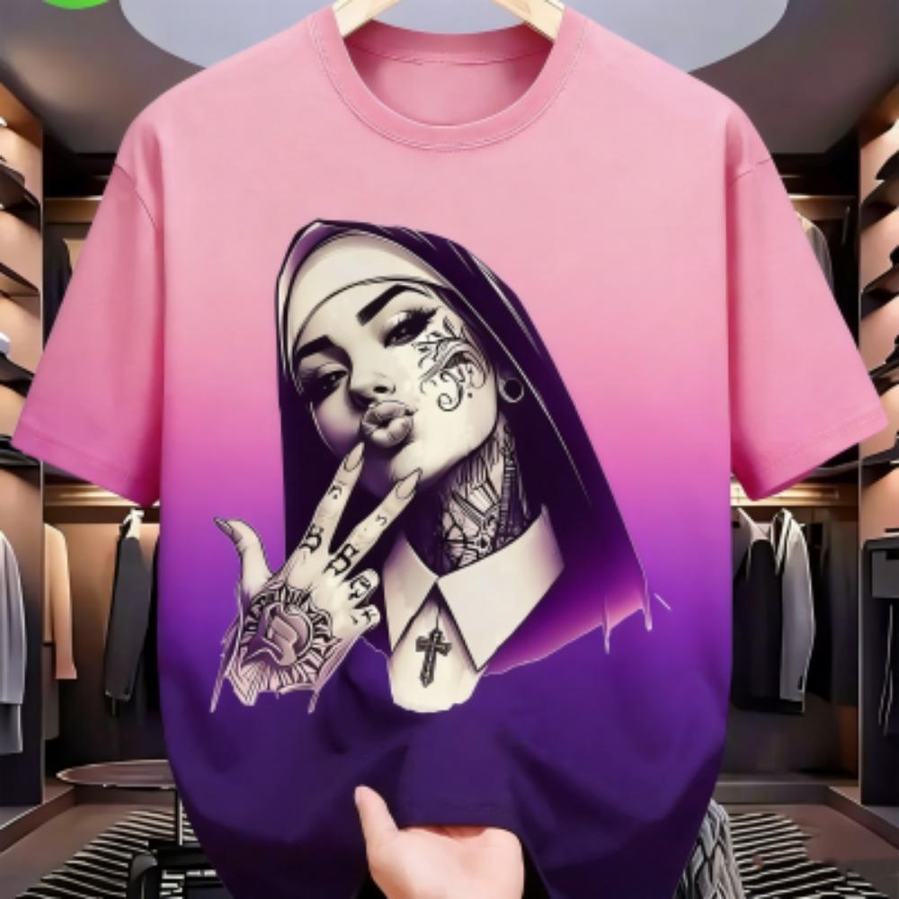 Summer Fashion Colorful Tattooed Nun Graphic Print Women's T-shirt Summer Casual Loose Short Sleeves Men's and Women's Tees Top