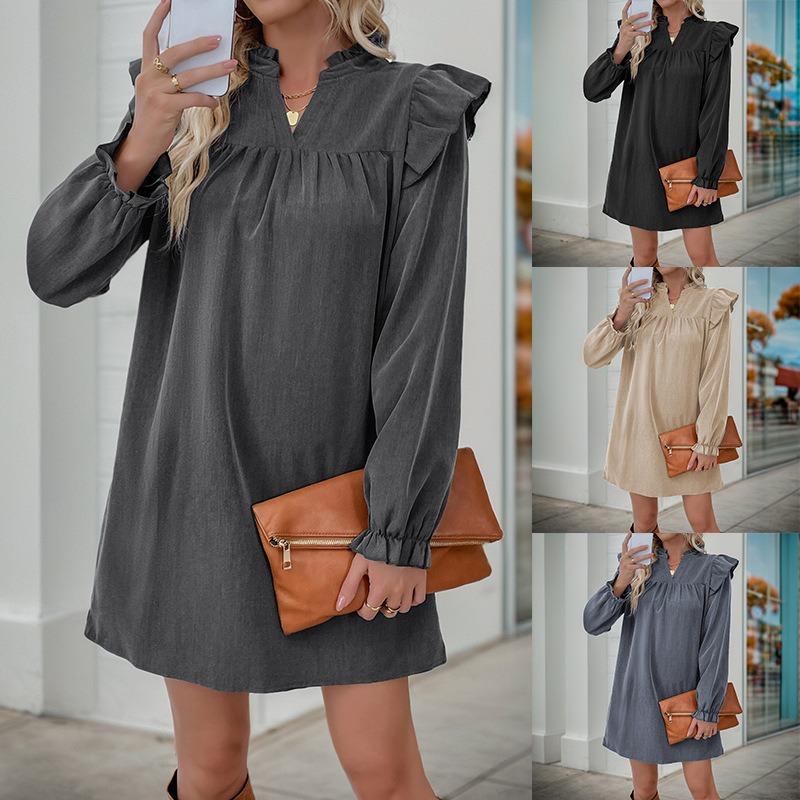 Women's Solid Color Ruffled Long Sleeve Loose Collar Dress