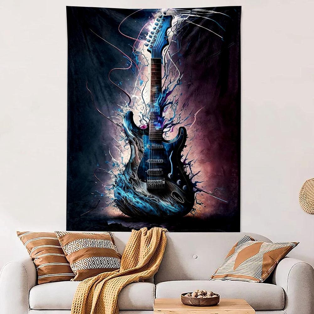 Tapestry Wall Hanging Electric Blue Guitar Dissolving into Energy Swirl Dark Rock Music Art Decor for Music Room Studio Man Cave Gift