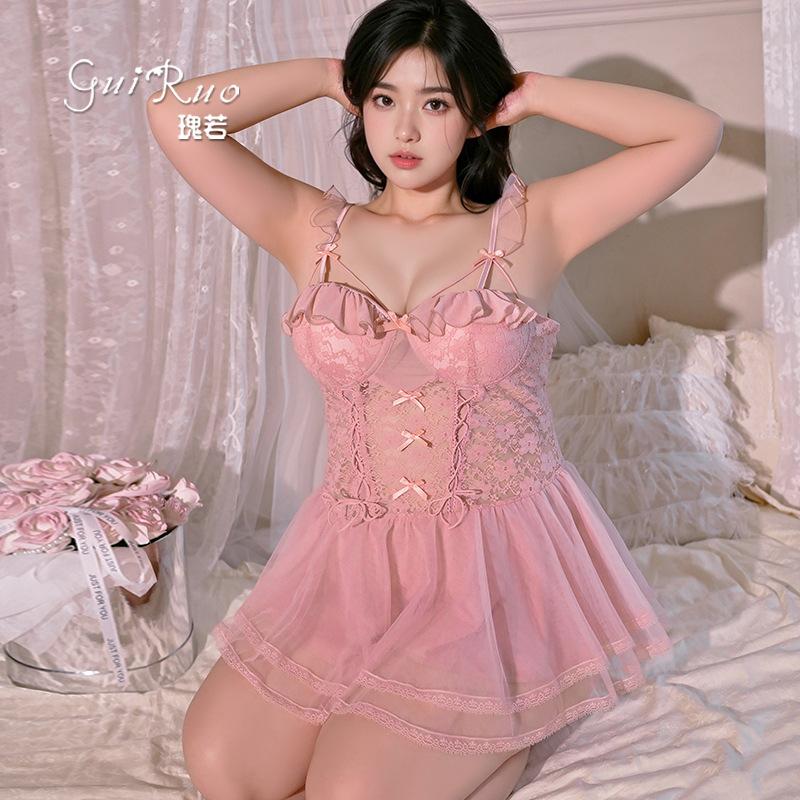 Women's Plus Size Sheer Lace Padded Cami Lingerie Dress Set