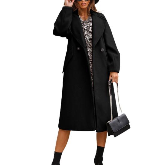 Women Oversize Coat Solid Color Double Breasted Turndown Collar Pockets Overcoat Office