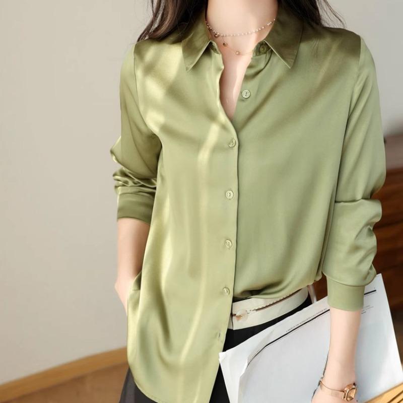 Модная повседневная офисная женская атласная рубашка, свободные топы с длинным рукавом, однотонные женские блузки больших размеров, элегантные винтажные простые женские рубашки на пуговицах 25678