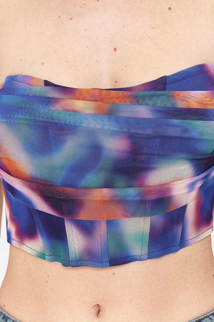 Women's Fashion New Bustier Blue-Multicolor Floral Printed Tulle Bustier