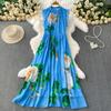 Summer Women Flying Sleeve Print Bling Diamonds Flower Long Maxi Holiday Seaside Dresses