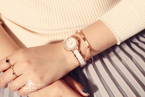 KIMIO K6121 Женские простые часы с белым керамическим и розово-золотым браслетом и бриллиантовым циферблатом