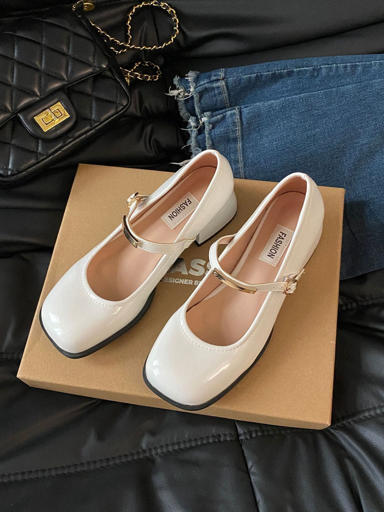 Mary Jane Shoes Women's New Waterproof Table One-word Buckle with Square Head Shallow Mouth Single Shoes In Autumn and Winter 2025