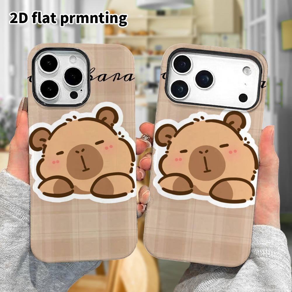 Phone Case: 2D flat design suitable for iPhone 18 17 16 15 14 13Pro film protection case, couple style, plaid lounging capybara, Christmas and Hallowe