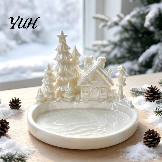 Декоративная конфетница для праздничной вечеринки, рождественской зимней деревни, поднос для украшений, 3D-печатный снежный домик и сосна, минималистичный контейнер для хранения.