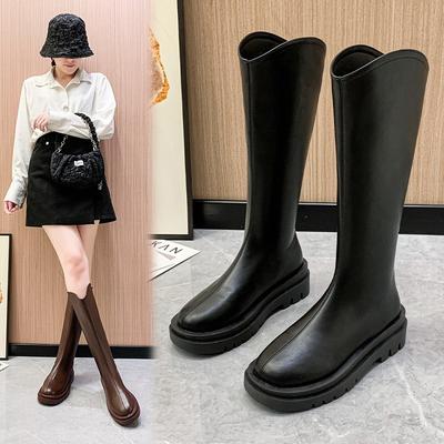 Круглая головка с толстой подошвой, застежка-молния, но сапоги до колена Узкие высокие сапоги Рыцарские сапоги Женские сапоги осень и зима 2025 Новый британский стиль
