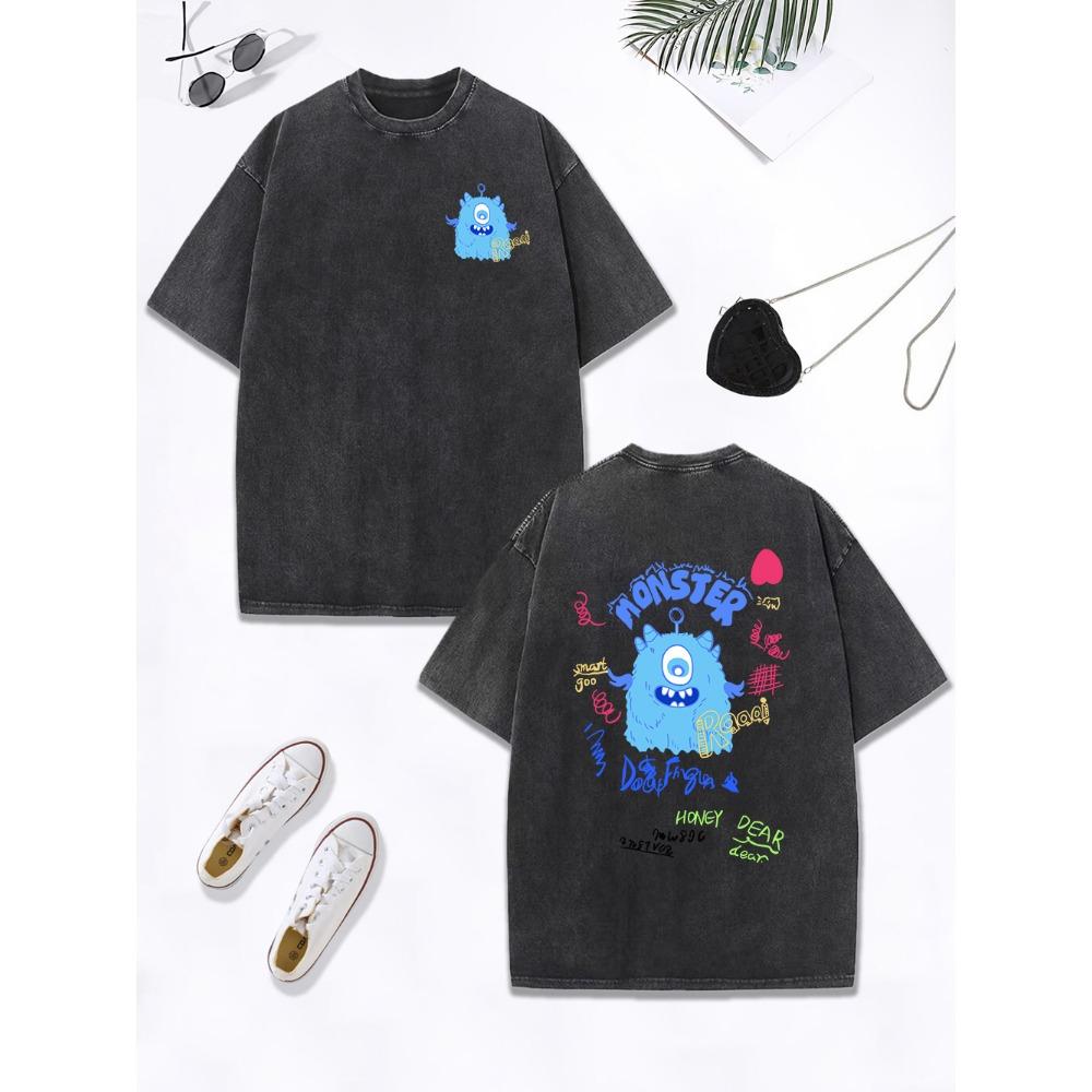 Cute Blue Plush Little Monster Cotton Washed T-Shirt Women Oversize Tops O-Neck Comfortable Distressed T Shirts Clothes