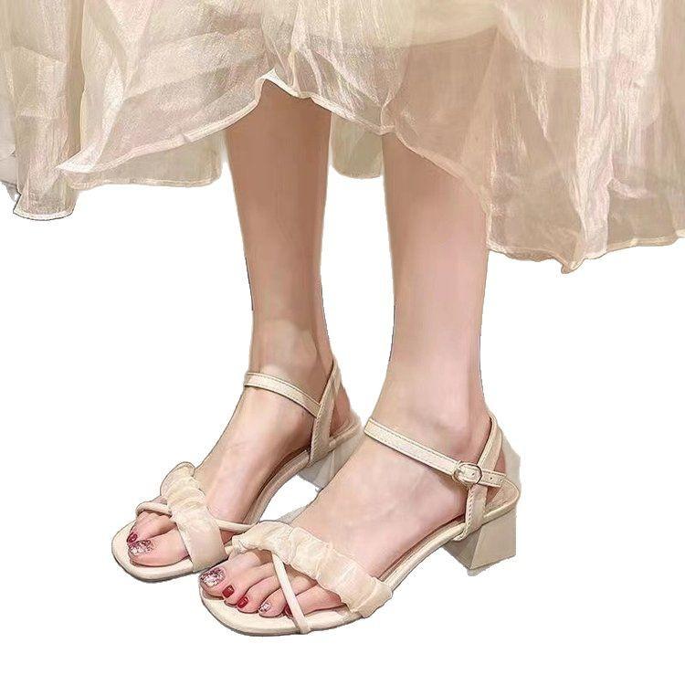 Летний стиль Повседневные Простые Однотонные Квадратный носок Открытый носок Ремешок с пряжкой Квадратный каблук Средний каблук Модные сандалии
