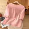 Fashionable Women's Cotton And Linen Short-sleeved Pullover Top With Embroidery, , Loose Fit, Slimming, Versatile Cotton And Linen T-shirt.