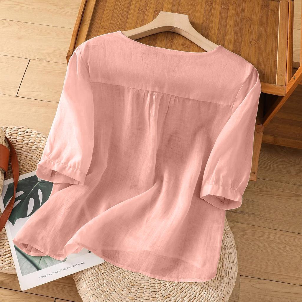 Fashionable Women's Cotton And Linen Short-sleeved Pullover Top With Embroidery, , Loose Fit, Slimming, Versatile Cotton And Linen T-shirt.